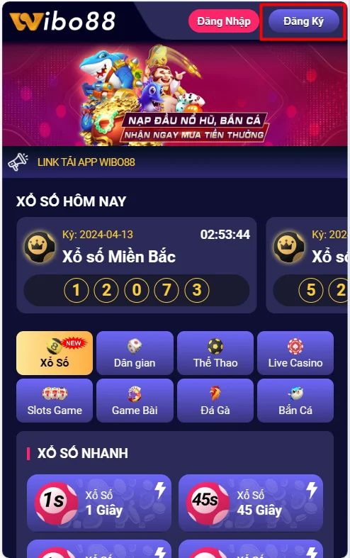 Chọn nút đăng ký Wibo88 ở góc trên bên phải của trang chủ