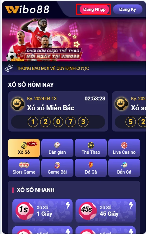 Chọn đăng nhập Wibo88 ở góc trên bên phải tại giao diện trang chủ