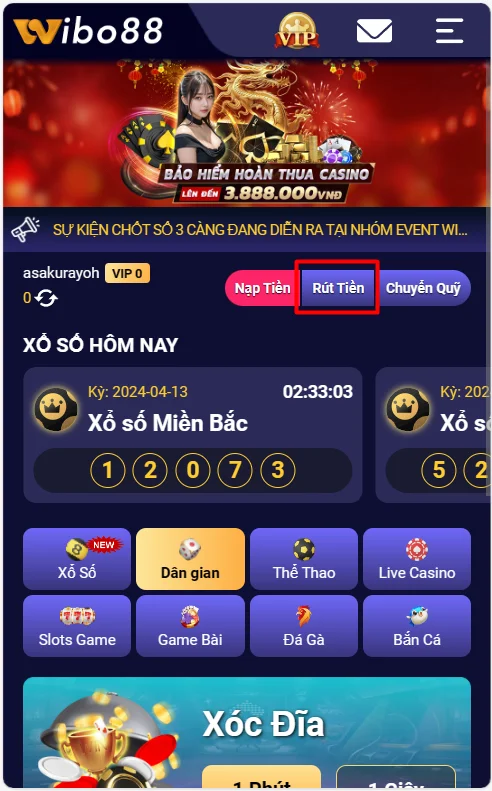 Chọn rút tiền WIBO88 tại trang chính của nhà cái