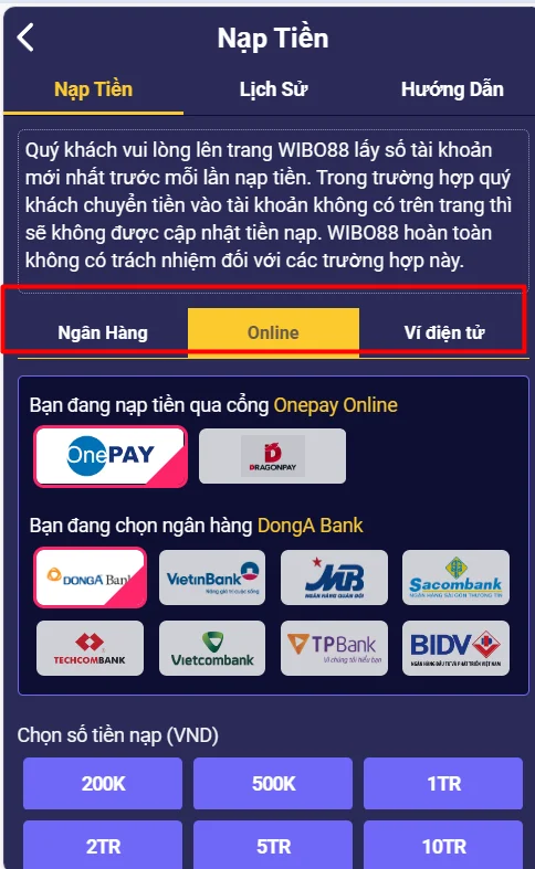 WIBO88 đa dạng phương thức nạp tiền