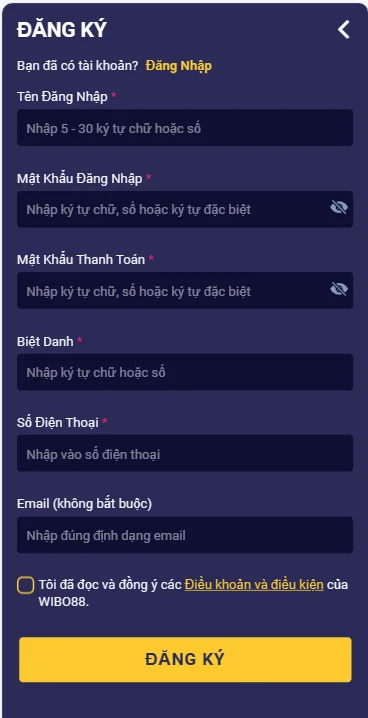 Form đăng ký Wibo88 cho anh em cược thủ