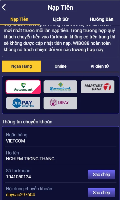 Lựa chọn phương thức nạp tiền WIBO88