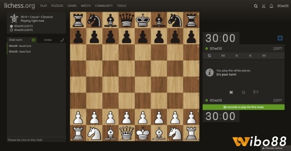 Màn hình chơi cờ trực tuyến trên Lichess.org với các tùy chọn phân tích ván cờ