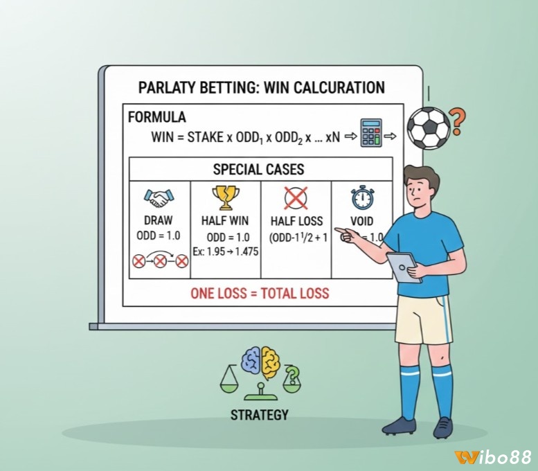 Người chơi tính toán tiền cược xiên dựa trên các tỷ lệ thắng, hòa, thắng nửa hoặc thua nửa