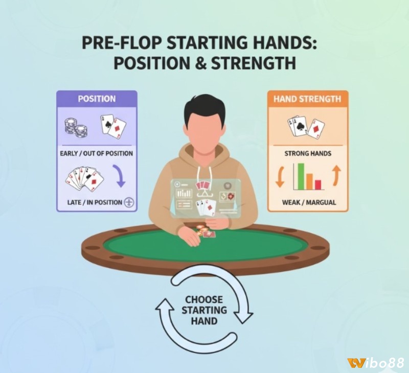 Người chơi poker lựa chọn bài khởi đầu thông minh dựa trên sức mạnh lá bài và vị trí của họ trên bàn đấu