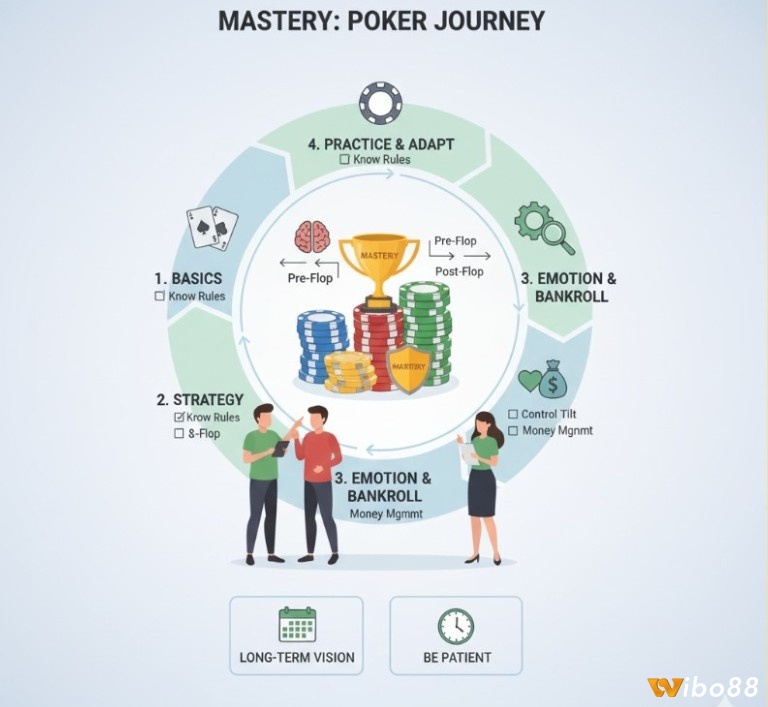 Người mới chơi poker cần kiên nhẫn học cách chơi poker cho người mới đồng thời phát triển tư duy chiến thuật và kiểm soát cảm xúc để tiến bộ