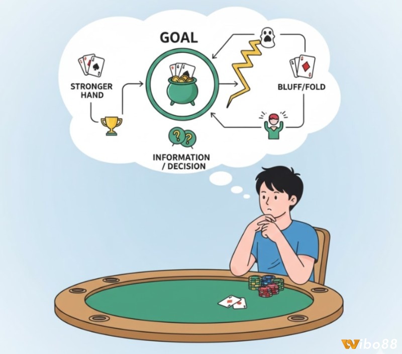 Người chơi poker hiểu rằng mục tiêu là thắng pot, không nhất thiết phải có bài mạnh nhất, và sử dụng chiến thuật bluff