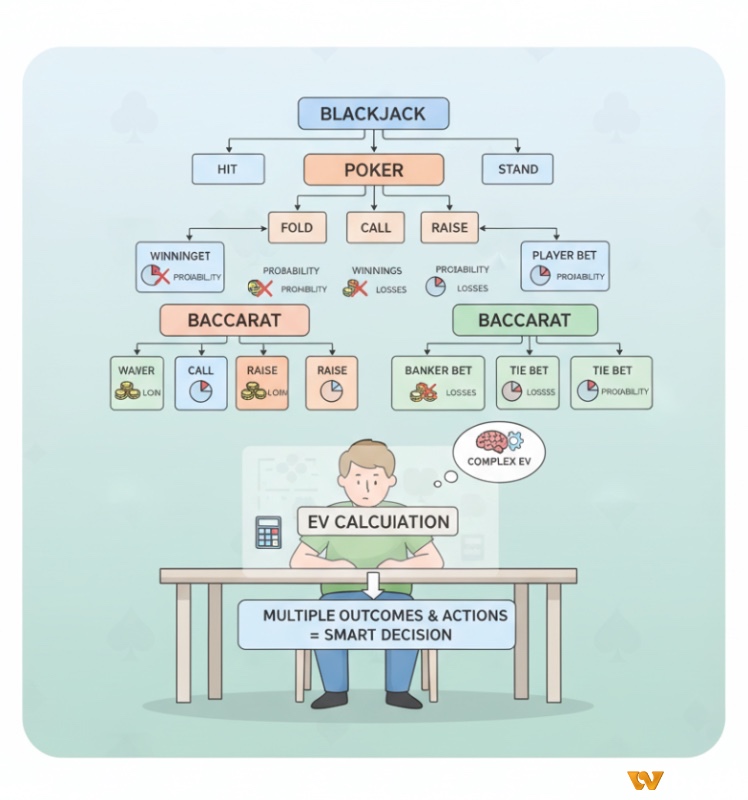 Người chơi cần xem xét nhiều kết quả và hành động khi tính EV cho các game bài phức tạp