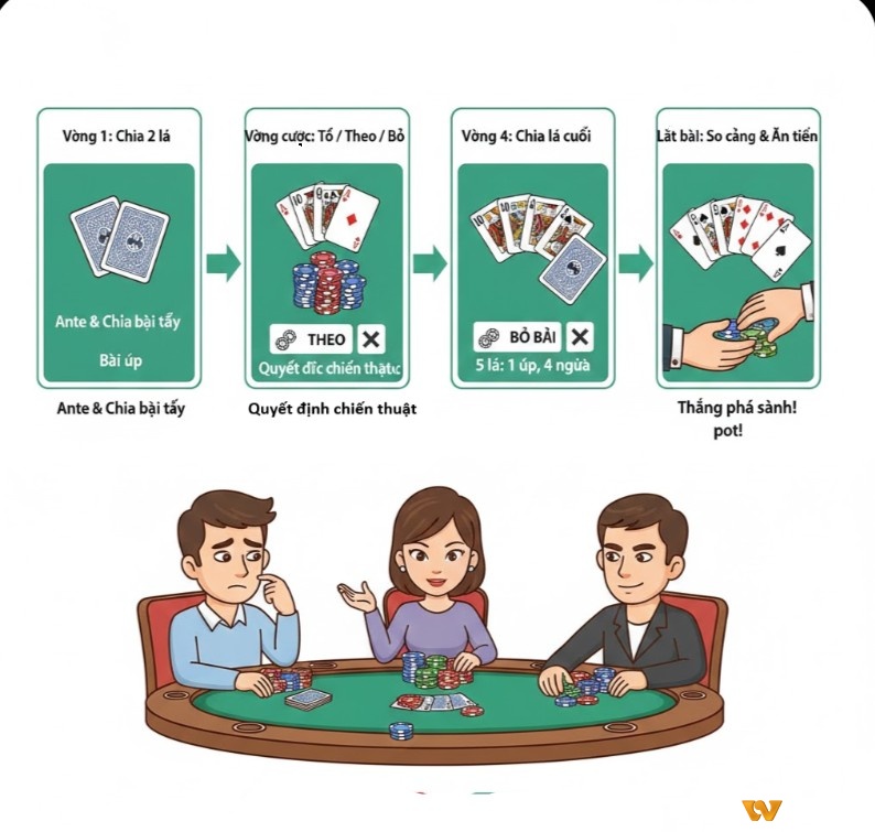 Tuân theo quy trình từng bước từ ante đến showdown giúp người chơi xì tố chơi hiệu quả và chiến lược hơn