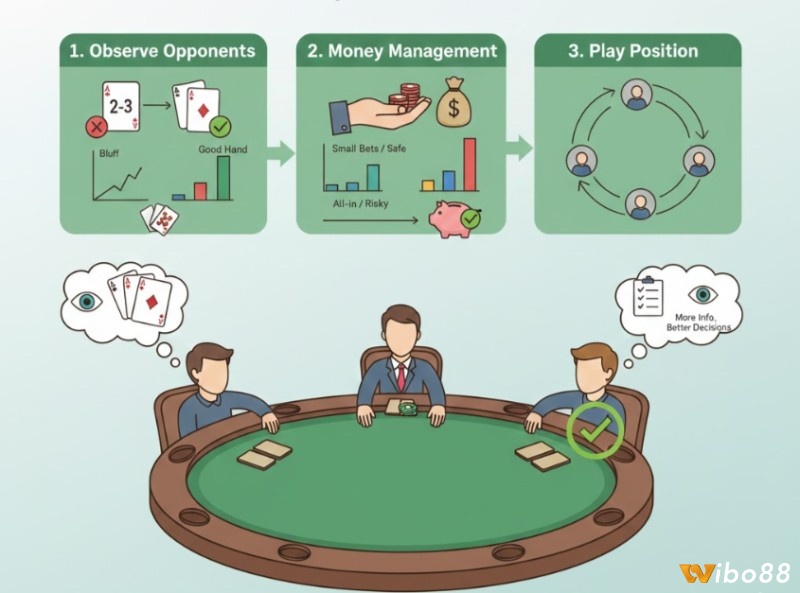 Kết hợp quan sát, quản lý vốn và lợi thế vị trí sẽ tối ưu hóa cơ hội thắng trong mỗi ván xì tố