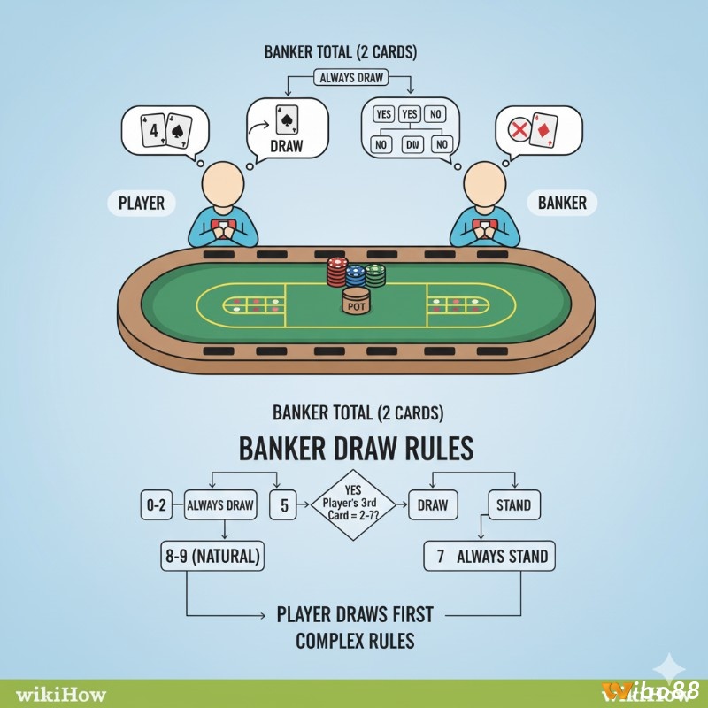 Người chơi baccarat xem xét tổng điểm Banker và lá thứ ba của Player để đưa ra quyết định rút bài phức tạp