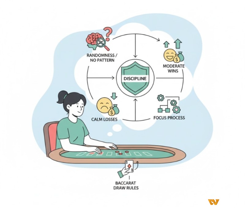 Người chơi Baccarat duy trì kỷ luật tâm lý, bằng cách chấp nhận tính ngẫu nhiên, giữ bình tĩnh khi thua và thắng