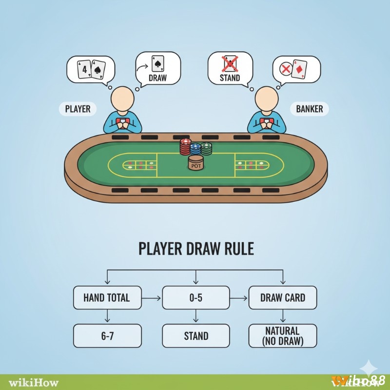 Giải thích luật rút bài baccarat: Người chơi baccarat xem xét tổng điểm hai lá bài đầu để quyết định có rút thêm lá thứ ba hay dừng