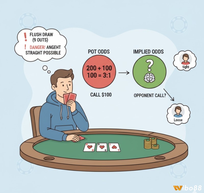 Người chơi poker tính toán Implied Odds dựa trên Pot Odds và khả năng đối thủ sẽ cược thêm