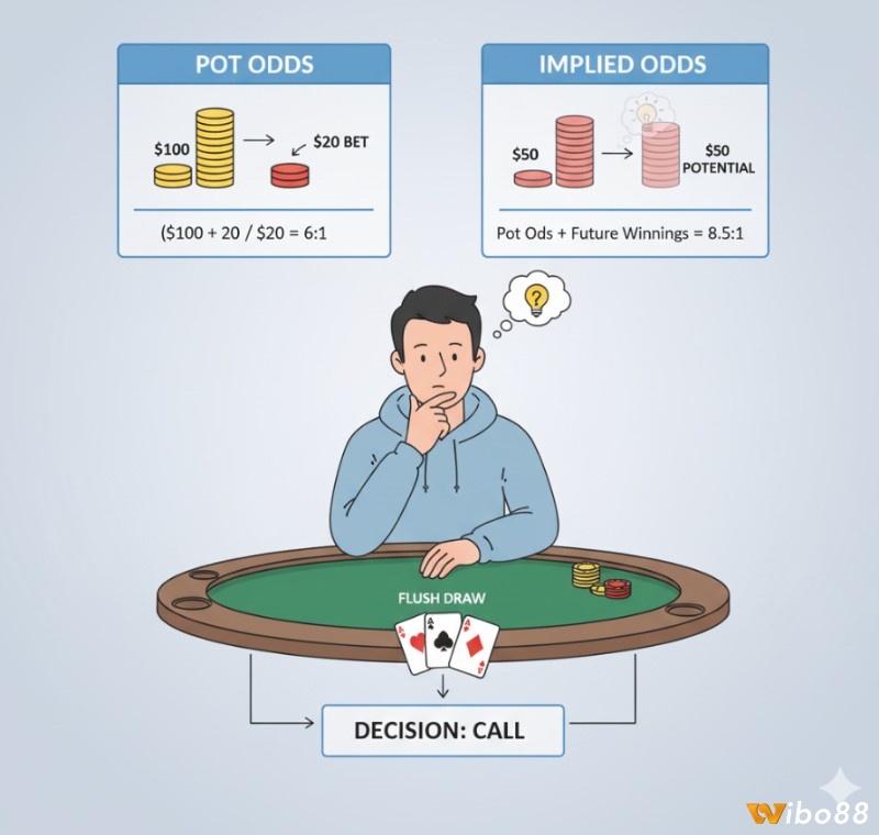 Người chơi poker phân biệt Pot Odds và Implied Odds bằng cách xem xét tiền cược hiện tại và tiềm năng thắng các vòng sau