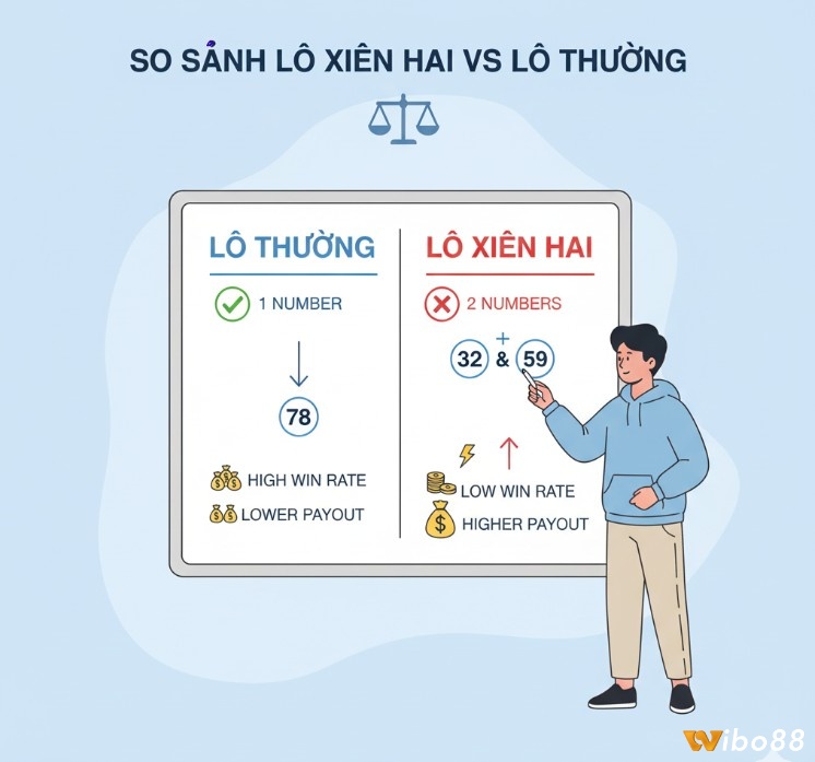 So sánh lô xiên 2 và lô thường, dựa trên những điểm khác nhau về số lượng số cần chọn, yêu cầu trúng, khả năng về xác suất và mức trả thưởng