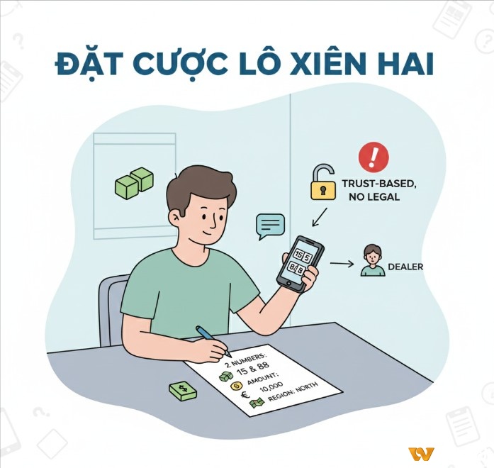 Việc chọn hai số và trao đổi với thầu đề để chơi lô xiên hai minh họa cho quy trình “ghi số” ngoài hình thức chính thức