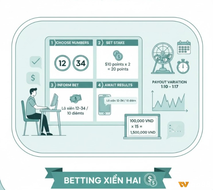 Người chơi đang tính toán tiền thắng cược lô xiên hai, dựa trên tỷ lệ trả thưởng phổ biến và số tiền cược