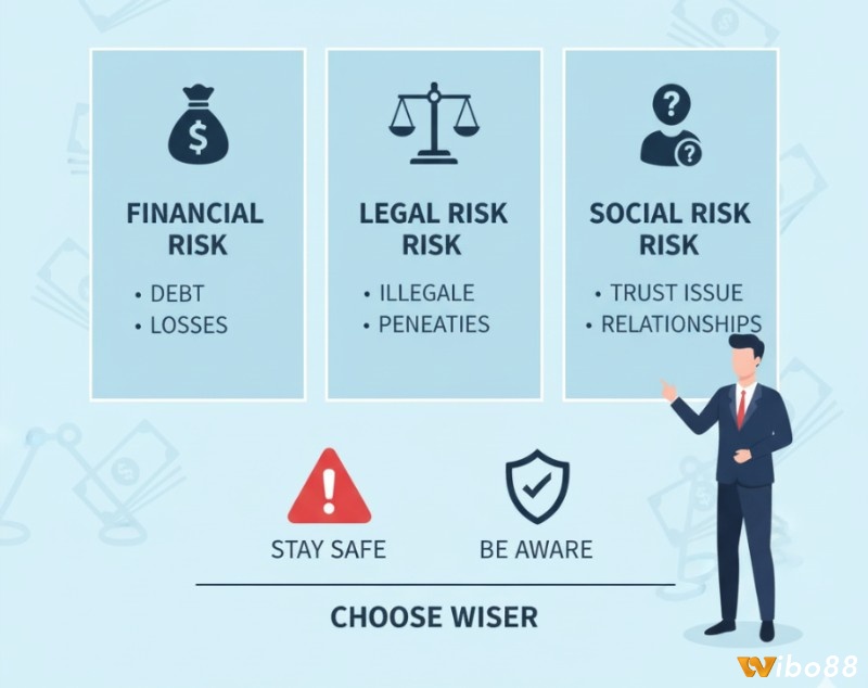 Biểu đồ với các yếu tố rủi ro pháp lý và tài chính liên quan đến lô xiên hai, khuyến khích sự hiểu biết và tránh xa cờ bạc