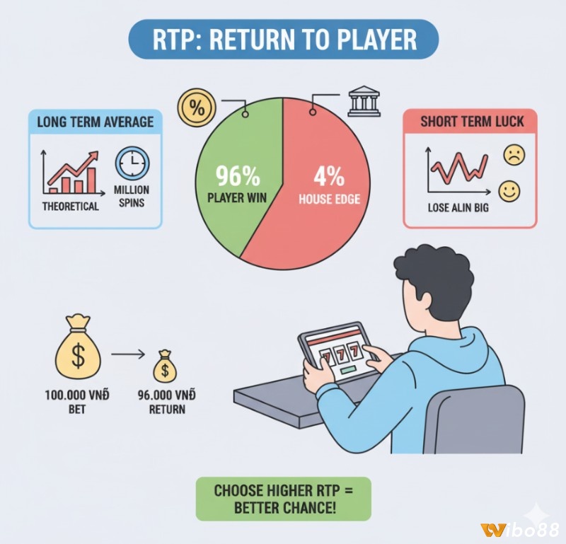 RTP là gì (return to player)? Người chơi casino hiểu RTP là tỷ lệ hoàn trả trung bình cho người chơi, giúp lựa chọn game có lợi hơn