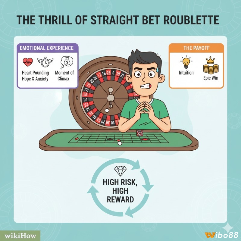 Người chơi roulette trải nghiệm cảm xúc hồi hộp và hưng phấn tột độ khi đặt cược Straight Bet