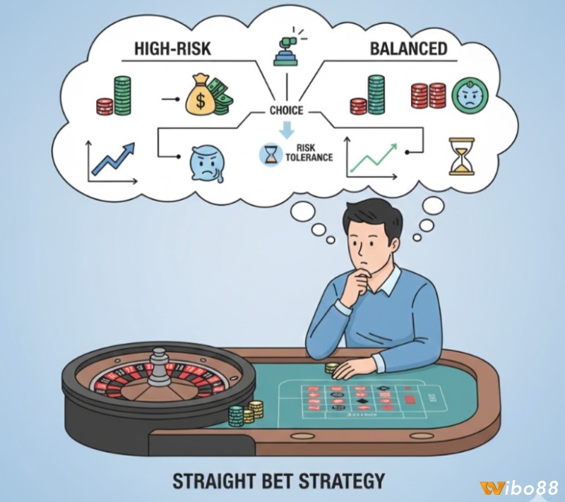 Người chơi roulette lựa chọn chiến lược ""chơi khô máu"" rủi ro cao hoặc ""chơi lót"" cân bằng với Straight Bet