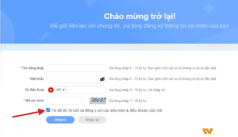 Người dùng mở tài khoản Gi8 trên máy tính hoặc điện thoại bằng việc nhập thông tin cá nhân, mật khẩu, mã xác nhận và xác nhận điều khoản sử dụng
