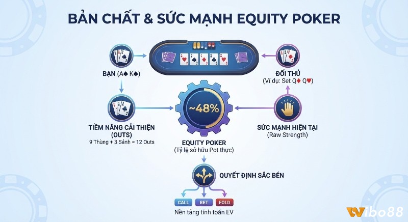Tổng quan Equity Poker: Tính Equity từ OUTS và sức mạnh bài hiện tại, định hướng Call Bet Fold tối ưu EV