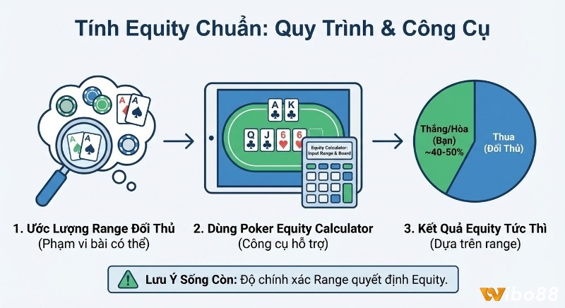 Quy trình 3 bước tính Equity poker chuẩn xác với công cụ, nhấn mạnh độ chính xác của range đối thủ quyết định kết quả