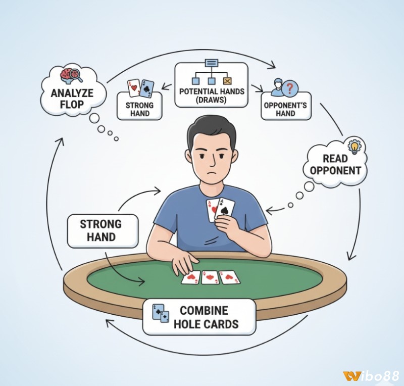 Người chơi poker phân tích Flop, kết hợp bài tẩy để nhận diện bài mạnh, bài tiềm năng và suy đoán bài đối thủ