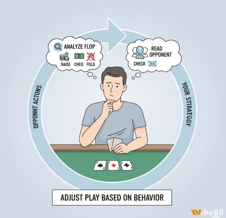 Người chơi poker quan sát hành động đối thủ (tố, theo, bỏ, check) trên Flop để đưa ra quyết định chiến thuật