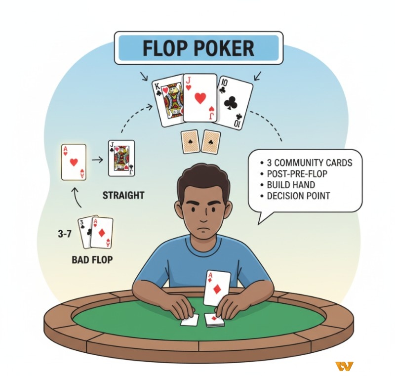 Người chơi poker hiểu ý nghĩa, của "flop poker là gì", với ba lá bài chung, kết hợp chúng với bài tẩy để đưa ra chiến lược đặt cược