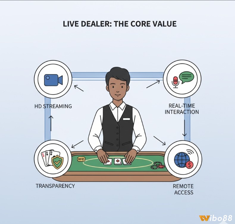 Người chia bài trực tiếp (Live Dealer) điều hành trò chơi casino thông qua livestream, mang lại trải nghiệm chân thực