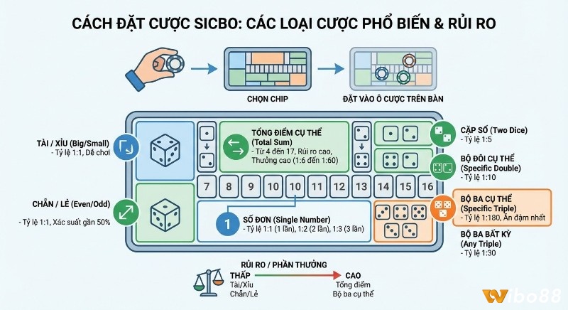Bảng cược Sicbo chi tiết, hướng dẫn các loại cược phổ biến như Tài/Xỉu, tổng điểm, bộ ba kèm tỷ lệ trả thưởng và mức rủi ro