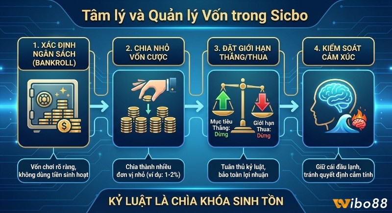 Quy trình 4 bước quản lý vốn và kiểm soát tâm lý khi chơi Sicbo, nhấn mạnh xác định ngân sách, đặt giới hạn và tuân thủ kỷ luật