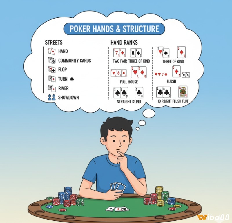 Người chơi poker học các thuật ngữ về bài và các tổ hợp bài mạnh để đưa ra quyết định tối ưu