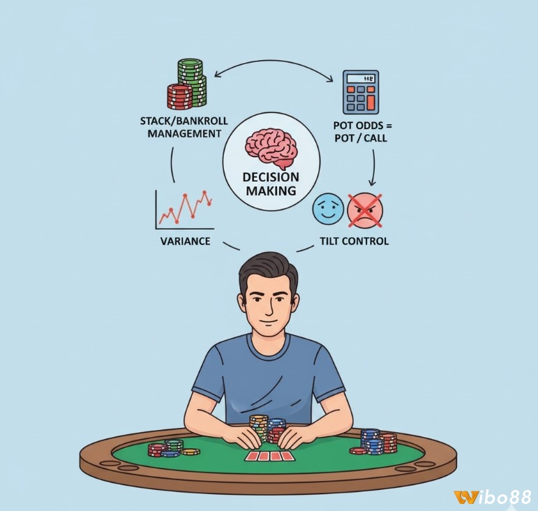 Người chơi poker quản lý vốn (Bankroll), Stack, Variance và kiểm soát Tilt để ra quyết định thông minh