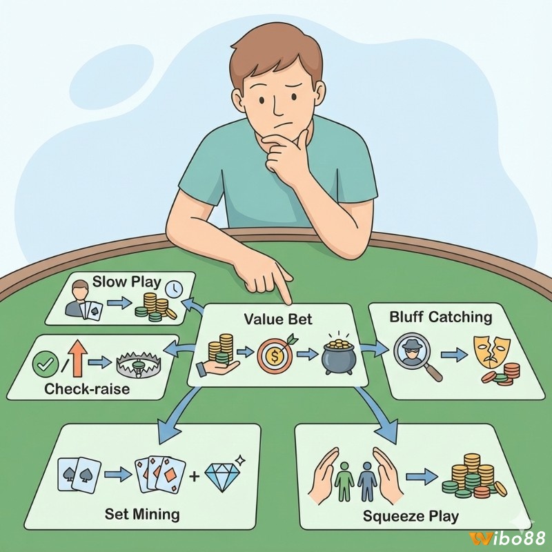 Người chơi poker nắm bắt chiến thuật như Slow Play, Check-raise, Value Bet, Bluff Catching, Set Mining để chơi hiệu quả