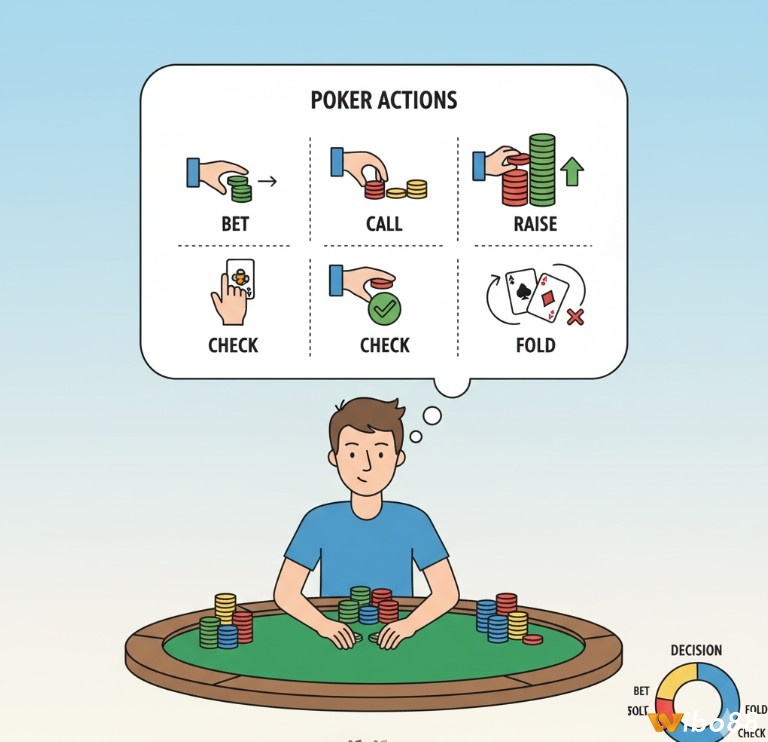 Người chơi poker học các thuật ngữ poker tiếng Anh đặt cược cốt lõi: Bet, Call, Raise, Check, Fold