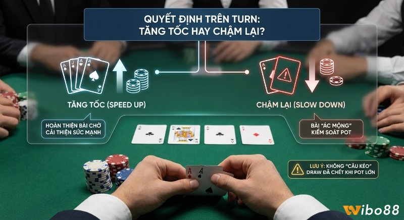 Hướng dẫn quyết định trên Turn trong Poker: tăng tốc khi bài mạnh, chậm lại để kiểm soát pot và tránh "câu kéo" draw đã chết