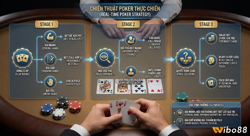 Sơ đồ chiến thuật Poker thực chiến theo từng vòng cược Flop, Turn, River, hướng dẫn đọc vị và đưa ra quyết định cuối cùng