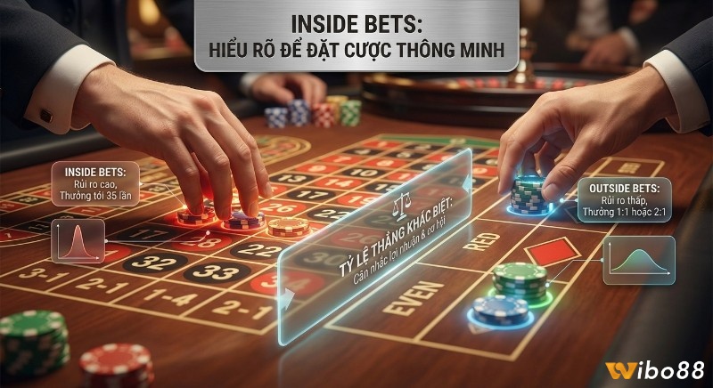 Tổng quan chiến lược đặt cược Roulette, so sánh chi tiết Inside Bets là gì (rủi ro cao, thưởng 35 lần) và Outside Bets (rủi ro thấp, thưởng 1:1, 2:1)