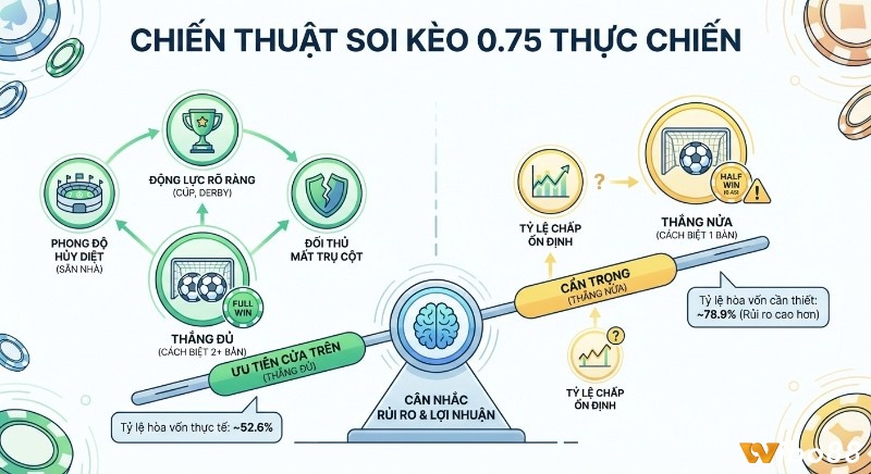 Sơ đồ chiến thuật soi kèo chấp 0.75 thực chiến, so sánh yếu tố ưu tiên thắng đủ (52.6%) và cân nhắc rủi ro thắng nửa (78.9%)