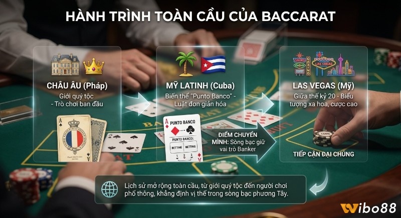 Sơ đồ hành trình toàn cầu của Baccarat, từ Pháp quý tộc, qua Cuba với Punto Banco đơn giản luật, đến biểu tượng xa hoa tại Las Vegas