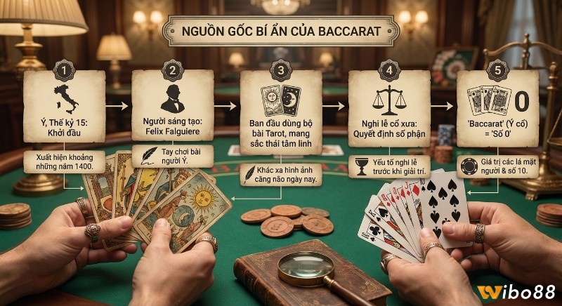 Tổng quan 5 giai đoạn, về&nbsp;lịch sử Baccarat: từ Ý thế kỷ 15, bài Tarot tâm linh đến ý nghĩa số 0
