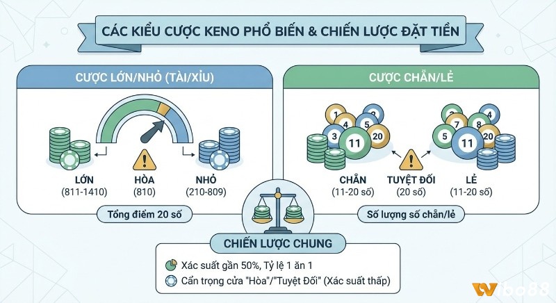 Tổng quan chiến lược các kiểu cược Keno Lớn/Nhỏ, Chẵn/Lẻ và mẹo đặt tiền hiệu quả, cảnh báo cửa Hòa/Tuyệt đối