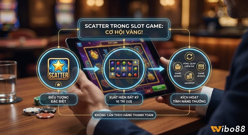 Sơ đồ giải thích Scatter là gì trong slot game, cơ hội vàng để kích hoạt vòng quay miễn phí và các tính năng thưởng lớn