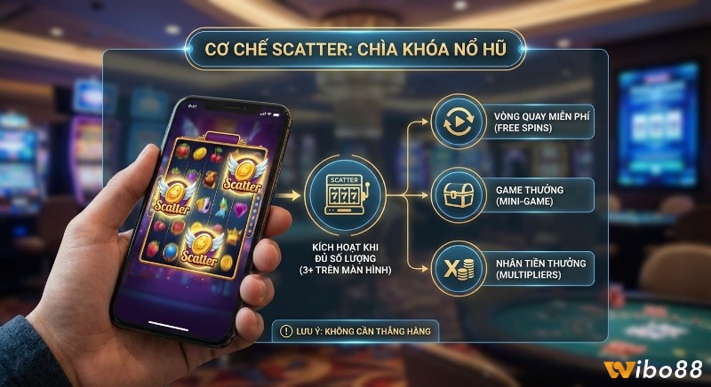 Sơ đồ cơ chế biểu tượng Scatter trong game slot giúp mở khóa nổ hũ, kích hoạt Free Spins, Mini-game và Multipliers khi đủ 3+ không cần thẳng hàng
