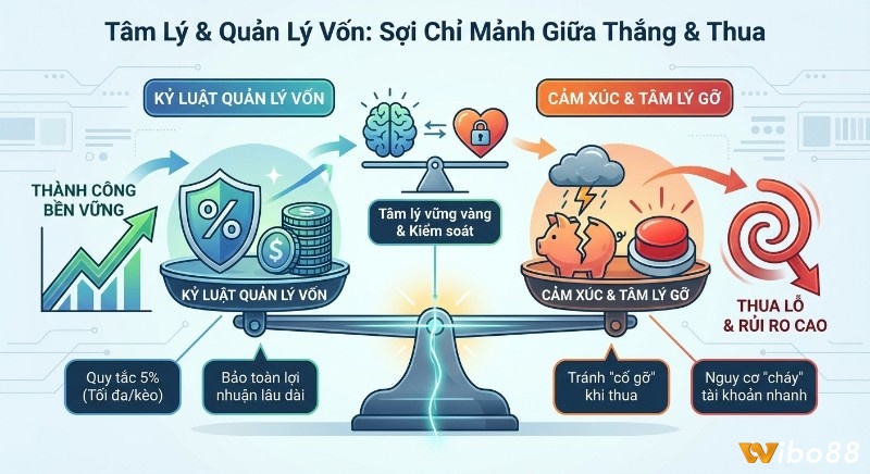 Sơ đồ cân bằng minh họa tầm quan trọng của kỷ luật quản lý vốn và tâm lý vững vàng để đạt thành công tài xỉu thẻ phạt bền vững, tránh thua lỗ và rủi ro cao