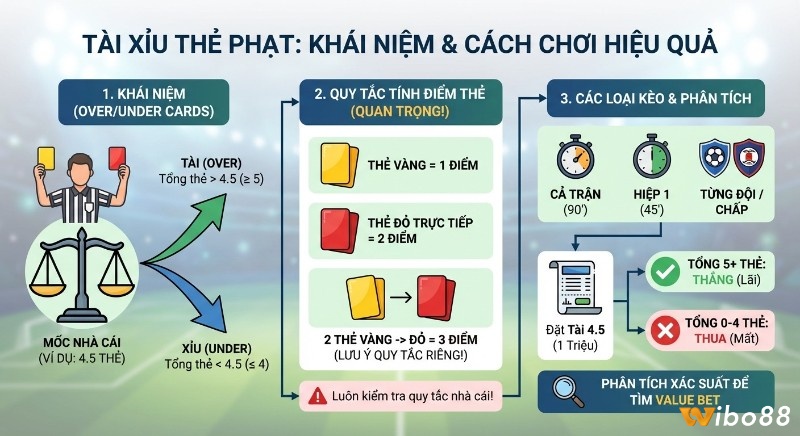 Tổng quan hướng dẫn Tài xỉu thẻ phạt: khái niệm, quy tắc tính điểm thẻ (1, 2, 3 điểm) và các loại kèo phân tích